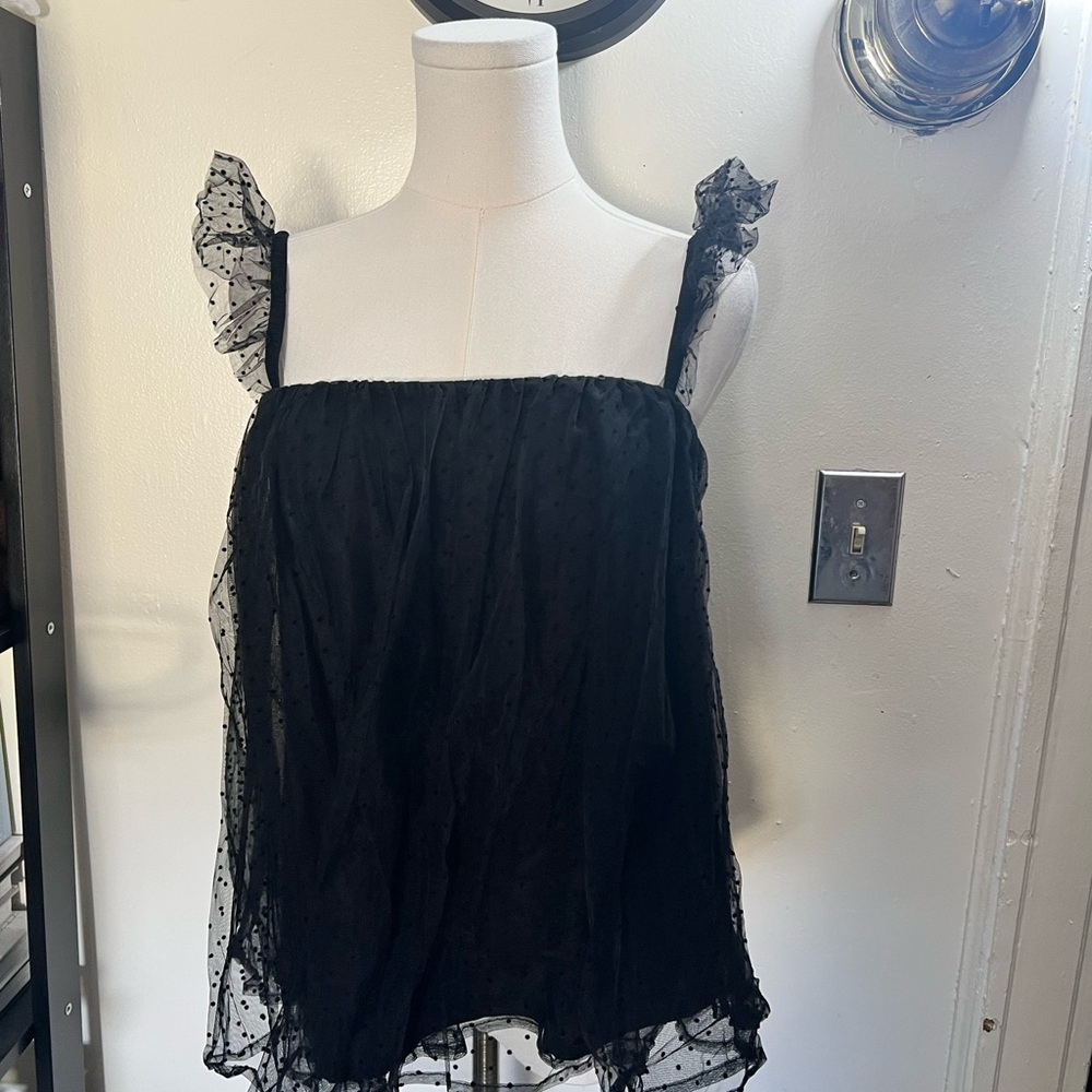 NWOT By Egreis Black Polka Dots Dot Tulle Ruffled Strap Women's Top Size S